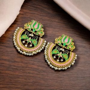 Elegant Gold Plated Earrings with Meenakari: Contemporary Lotus and Peacock Design - Color: "Babypink-Mint"