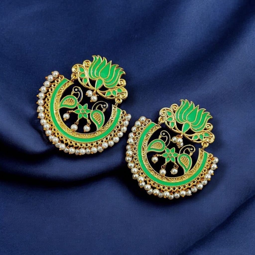 Bulk 690 Elegant Gold Plated Earrings with Meenakari: Contemporary Lotus and Peacock Design - "Mint"