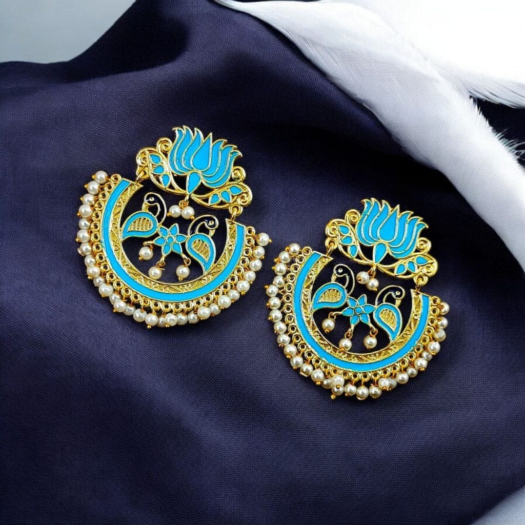 Bulk 688 Elegant Gold Plated Earrings with Meenakari: Contemporary Lotus and Peacock Design - "Aqua"