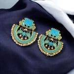 Elegant Gold Plated Earrings with Meenakari: Contemporary Lotus and Peacock Design - "Aqua"
