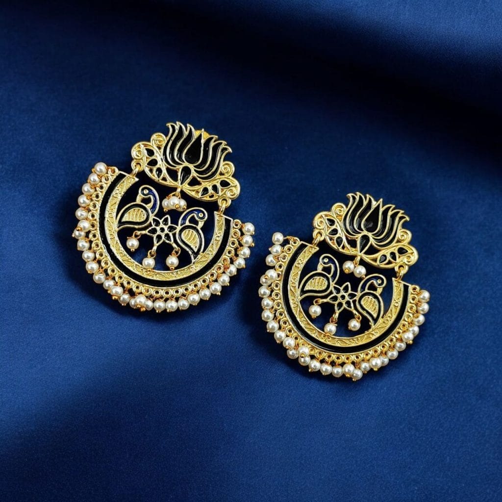 Bulk 686 Elegant Gold Plated Earrings with Meenakari: Contemporary Lotus and Peacock Design - "Black"