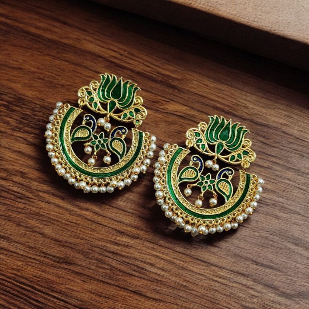 Bulk 684 Elegant Gold Plated Earrings with Meenakari: Contemporary Lotus and Peacock Design - "Green"