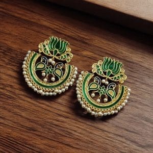 Elegant Gold Plated Earrings with Meenakari: Contemporary Lotus and Peacock Design - Color: "Green"