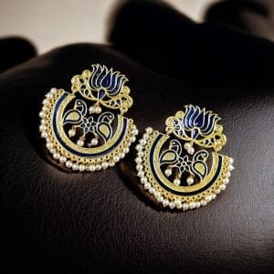 Elegant Gold Plated Earrings with Meenakari: Contemporary Lotus and Peacock Design - Color: "Blue"
