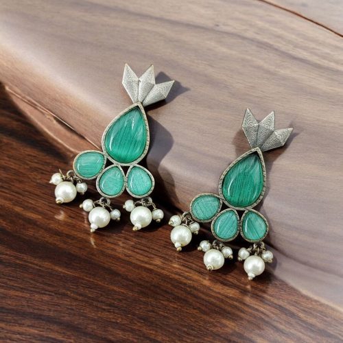 Antique Silver Touch Studs Earrings | Unique Monalisa Stones Jewelry