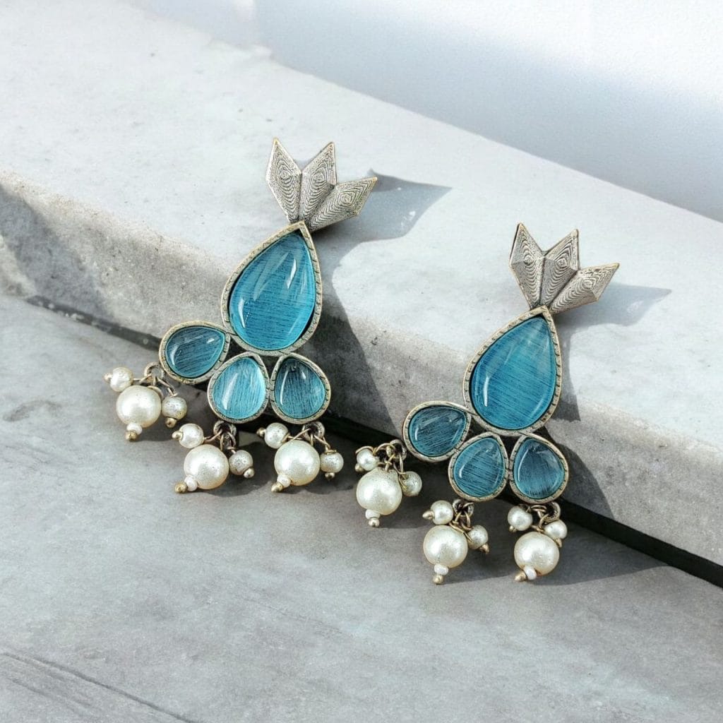 Bulk 670 Antique Silver Touch Studs Earrings | Unique Monalisa Stones Jewelry - "Aqua"