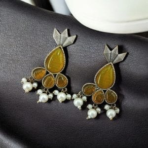 Antique Silver Touch Studs Earrings | Unique Monalisa Stones Jewelry - Color: "Yellow"