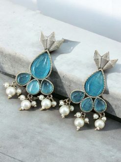 Antique Silver Touch Studs Earrings | Unique Monalisa Stones Jewelry