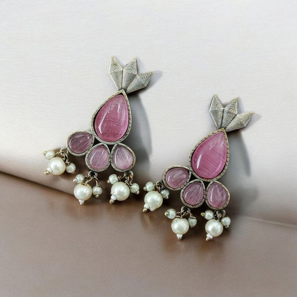 Bulk 674 Antique Silver Touch Studs Earrings | Unique Monalisa Stones Jewelry - "Babypink"