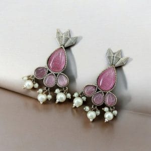 Antique Silver Touch Studs Earrings | Unique Monalisa Stones Jewelry - Color: "Babypink"