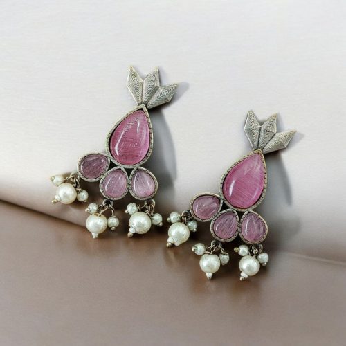 Antique Silver Touch Studs Earrings | Unique Monalisa Stones Jewelry