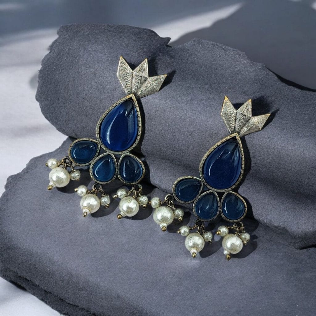 Bulk 680 Antique Silver Touch Studs Earrings | Unique Monalisa Stones Jewelry - "Blue"