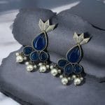 Antique Silver Touch Studs Earrings | Unique Monalisa Stones Jewelry - "Blue"