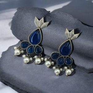 Antique Silver Touch Studs Earrings | Unique Monalisa Stones Jewelry - Color: "Blue"