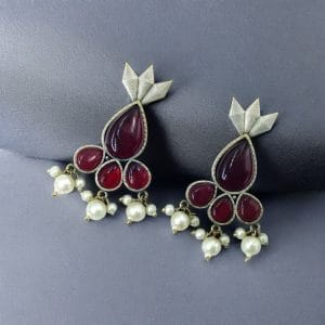 Antique Silver Touch Studs Earrings | Unique Monalisa Stones Jewelry - Color: "Red"