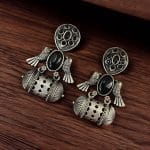 Handcrafted Antique Silver Bird Jhumkis | Best Traditional Dangler Earrings - "Black"
