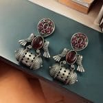 Handcrafted Antique Silver Bird Jhumkis | Best Traditional Dangler Earrings - "Red"