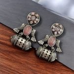 Handcrafted Antique Silver Bird Jhumkis | Best Traditional Dangler Earrings - "Babypink"