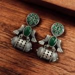Handcrafted Antique Silver Bird Jhumkis | Best Traditional Dangler Earrings - "Green"