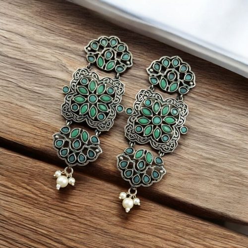 Oxidized Long Dangler Earrings | Antique Stone Work Studs Jewelry