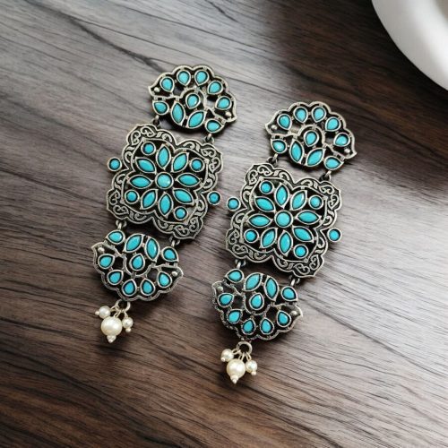 Oxidized Long Dangler Earrings | Antique Stone Work Studs Jewelry