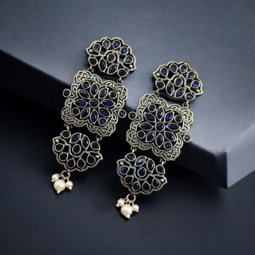 Oxidized Long Dangler Earrings | Antique Stone Work Studs Jewelry
