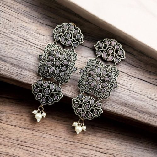 Oxidized Long Dangler Earrings | Antique Stone Work Studs Jewelry