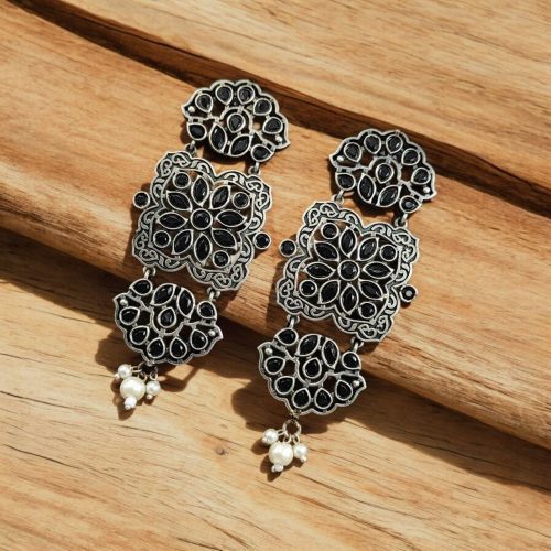 Oxidized Long Dangler Earrings | Antique Stone Work Studs Jewelry