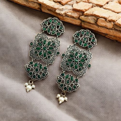 Oxidized Long Dangler Earrings | Antique Stone Work Studs Jewelry