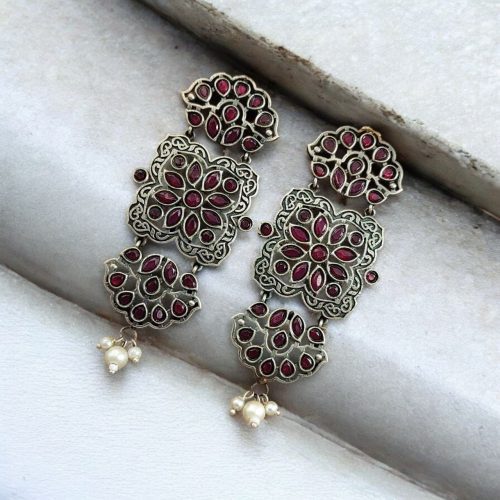 Oxidized Long Dangler Earrings | Antique Stone Work Studs Jewelry