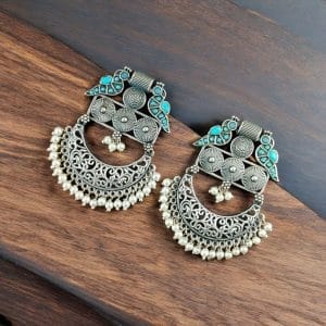 Traditional Bird Style Earrings | Buy Stone Work Dangler Stud Jewelry - Color: "Aqua"