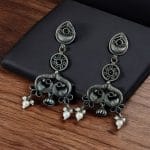 Antique Silver Peacock Earrings | Adorable Oxidized Jhumki Dangler Studs Jewelry - "Black"