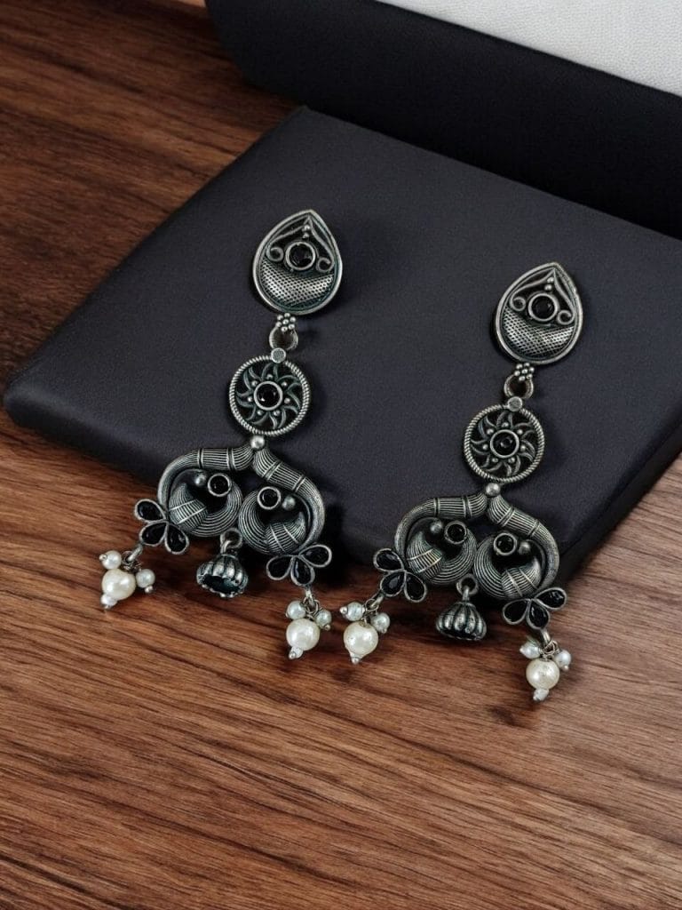 Bulk 758 Antique Silver Peacock Earrings | Adorable Oxidized Jhumki Dangler Studs Jewelry - "Black"