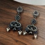 Antique Silver Peacock Earrings | Adorable Oxidized Jhumki Dangler Studs Jewelry - "Blue"