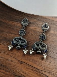 Antique Silver Peacock Earrings | Adorable Oxidized Jhumki Dangler Studs Jewelry - Color: "Blue"