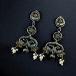 Antique Silver Peacock Earrings | Adorable Oxidized Jhumki Dangler Studs Jewelry - "Yellow"
