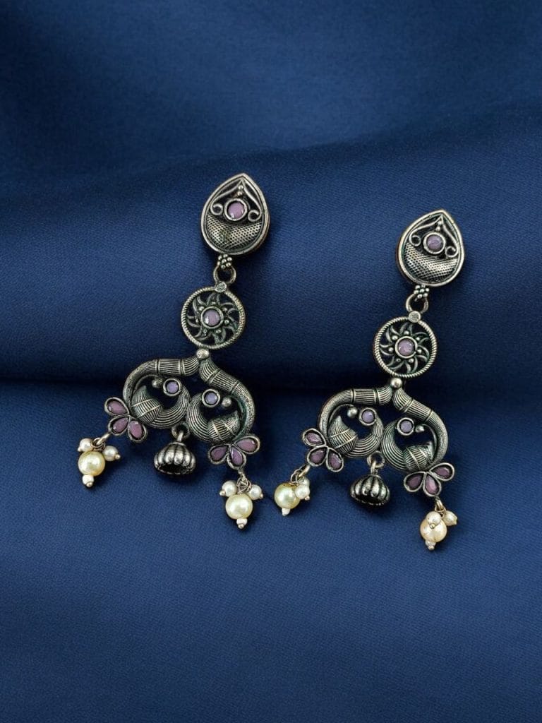 Bulk 752 Antique Silver Peacock Earrings | Adorable Oxidized Jhumki Dangler Studs Jewelry - "Babypink"