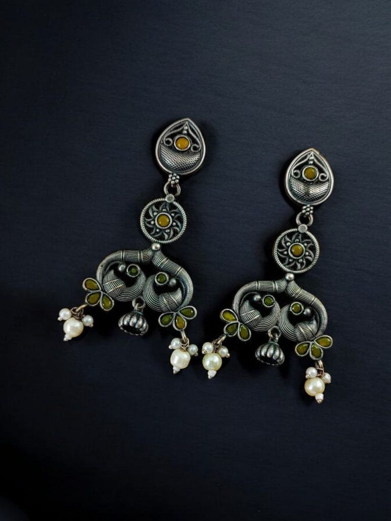 Bulk 754 Antique Silver Peacock Earrings | Adorable Oxidized Jhumki Dangler Studs Jewelry - "Yellow"