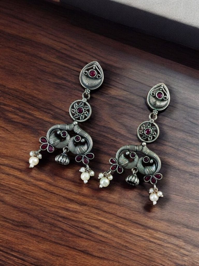 Bulk 750 Antique Silver Peacock Earrings | Adorable Oxidized Jhumki Dangler Studs Jewelry - "Pink"