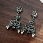 Antique Silver Peacock Earrings | Adorable Oxidized Jhumki Dangler Studs Jewelry - "Mint"