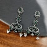 Antique Silver Peacock Earrings | Adorable Oxidized Jhumki Dangler Studs Jewelry