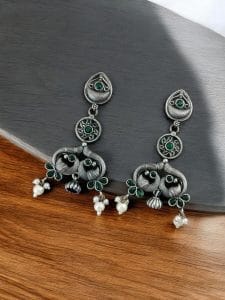 Antique Silver Peacock Earrings | Adorable Oxidized Jhumki Dangler Studs Jewelry - Color: "Green"