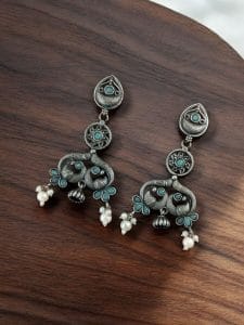 Antique Silver Peacock Earrings | Adorable Oxidized Jhumki Dangler Studs Jewelry - Color: "Mint"