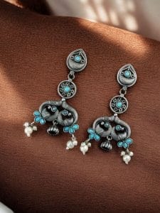 Antique Silver Peacock Earrings | Adorable Oxidized Jhumki Dangler Studs Jewelry - Color: "Aqua"