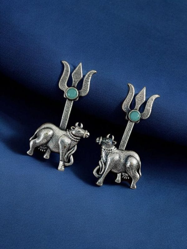 Traditional Nandi Trishul Earrings - Oxidised Silver Replica Stone Shiva Stud Earring