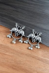 Antique Oxidised Peacock Stud Earrings | Unique Silver Replica Earring - Color: "Black"