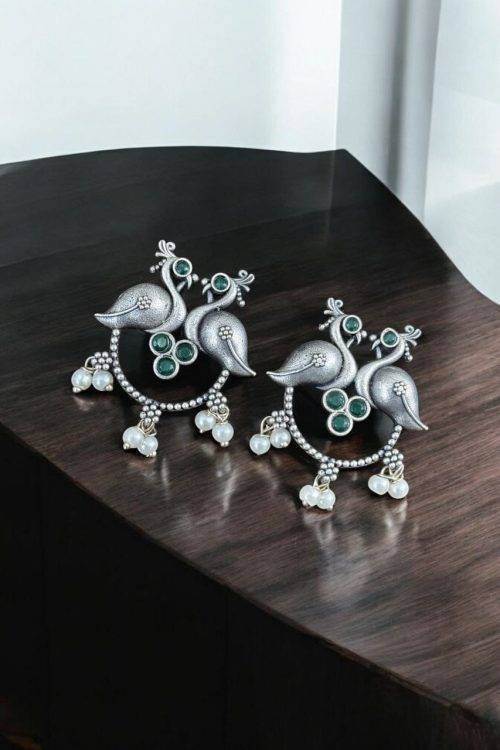 Antique Oxidised Peacock Stud Earrings | Unique Silver Replica Earring