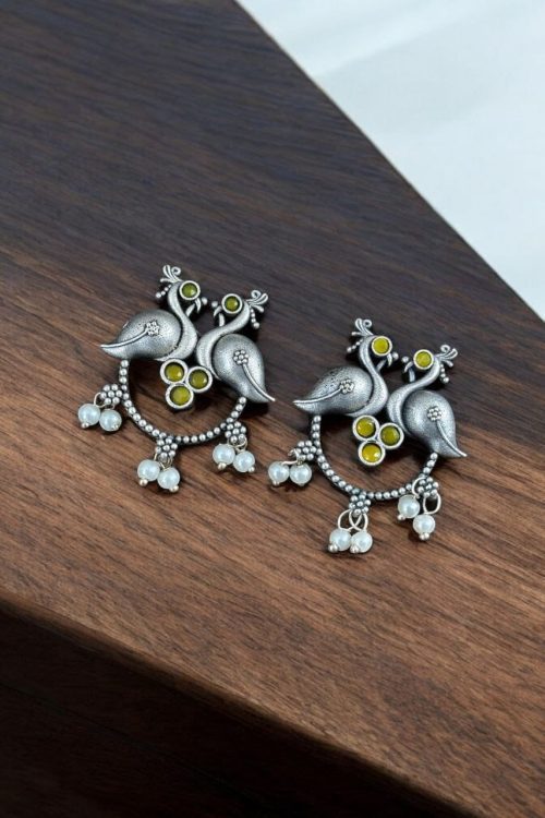 Antique Oxidised Peacock Stud Earrings | Unique Silver Replica Earring