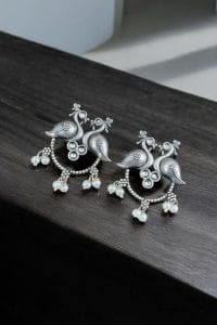 Antique Oxidised Peacock Stud Earrings | Unique Silver Replica Earring - Color: "White"