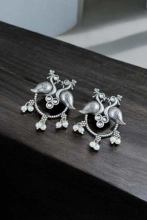 Antique Oxidised Peacock Stud Earrings | Unique Silver Replica Earring